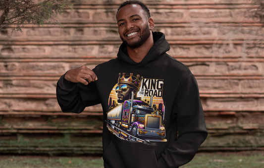 King of the Road Hoodie – Bold Semi-Truck Design with Afrocentric Patterns & Sunset Cityscape